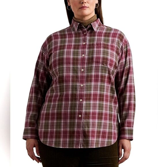 Lauren Ralph Lauren Brawley Button Up Down Shirt Womens Size 3X Plaid Old Money - Picture 1 of 8